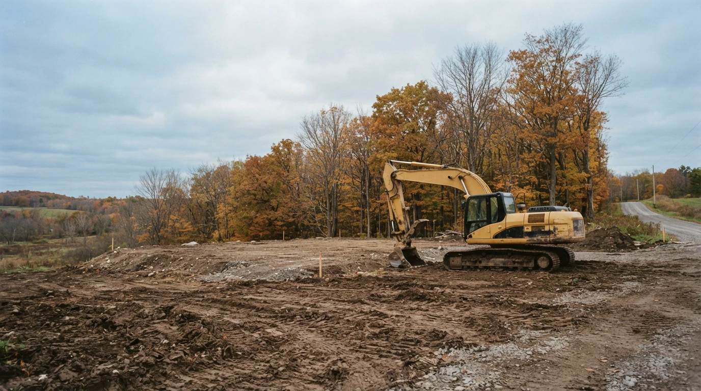 Excavator at rest on a freshly graded foundation pad in rural Northumberland County with autumn trees behind.