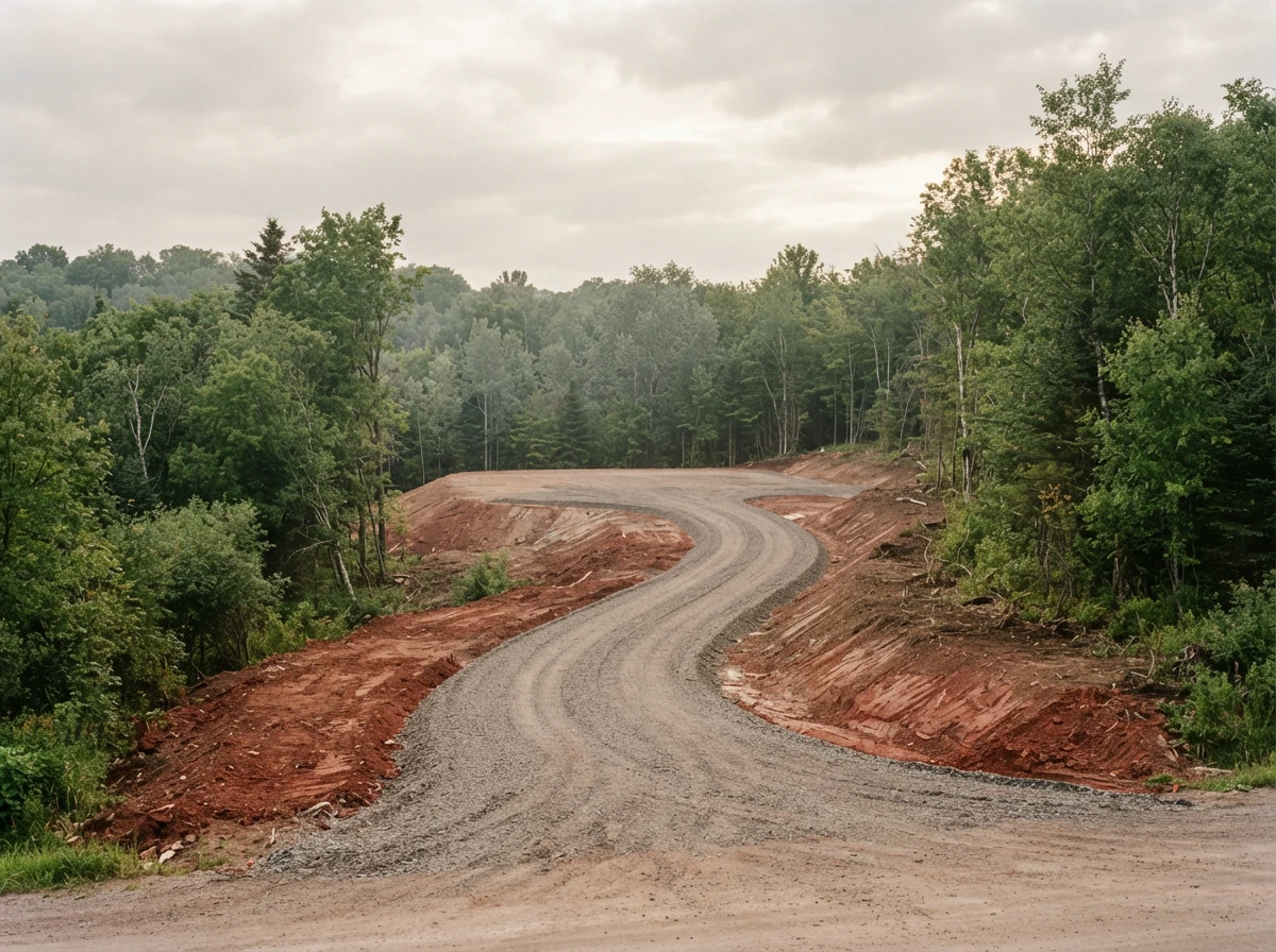 Freshly graded gravel driveway curving through a cleared rural Ontario lot.