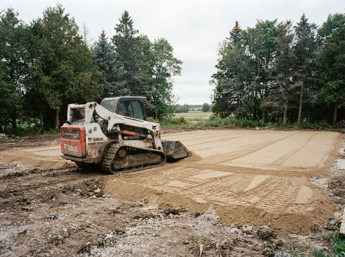 Skid-steer loader backing onto a prepared septic bed framed by cedar trees.